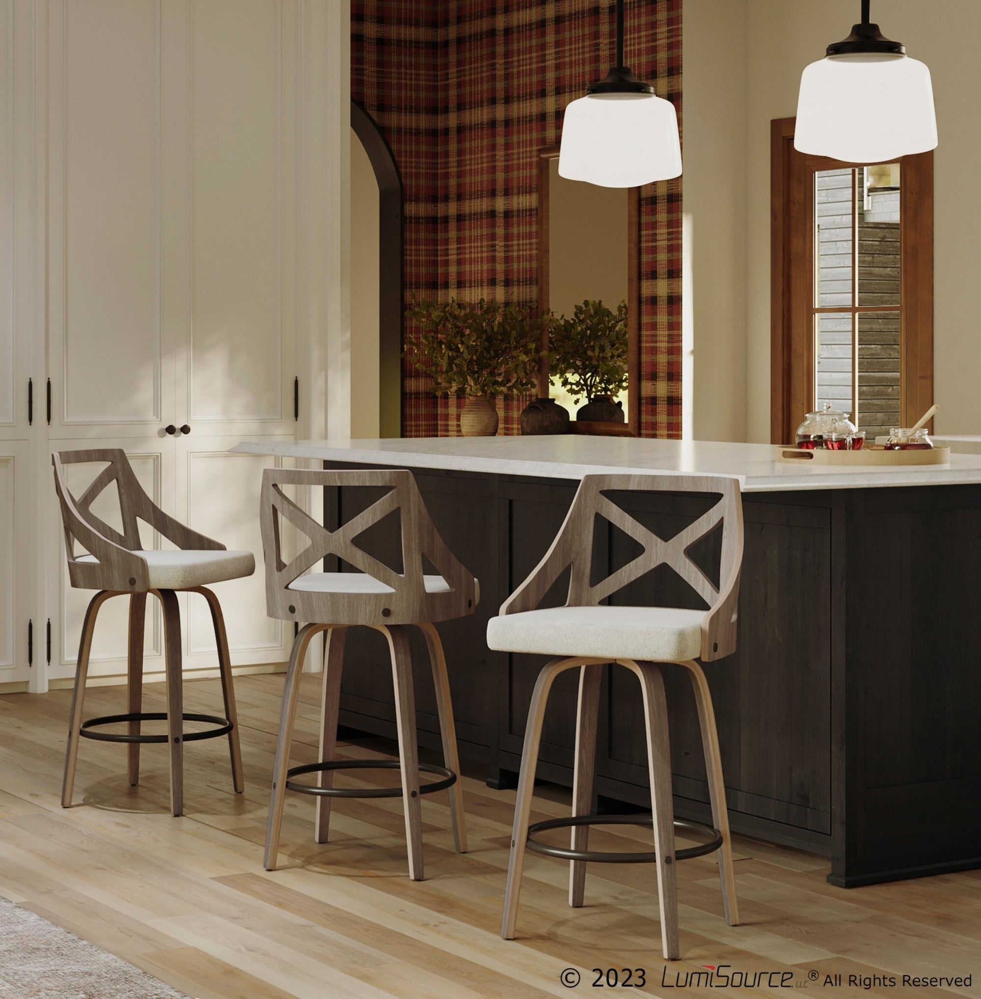 Charlotte 26" Fixed-Height Counter Stool - Set of 2 - Light Grey Wood, Cream Noise Fabric