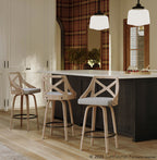 Charlotte 26" Fixed-Height Counter Stool - Set of 2 - Whitewashed Wood, Light Grey Fabric