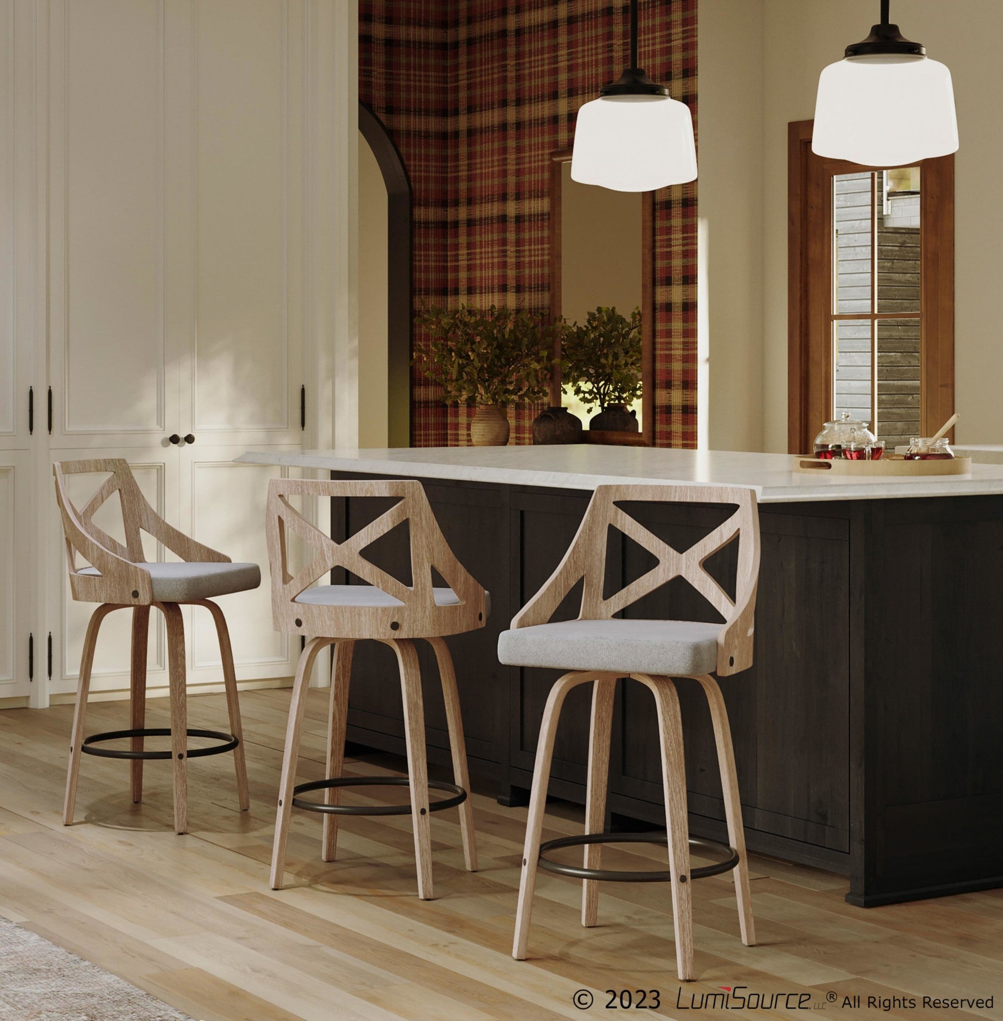Charlotte 26" Fixed-Height Counter Stool - Set of 2 - Whitewashed Wood, Light Grey Fabric