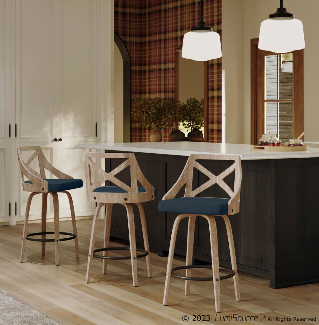 Charlotte 26" Fixed-Height Counter Stool - Set of 2 - Whitewashed Wood, Blue Fabric, Black Metal
