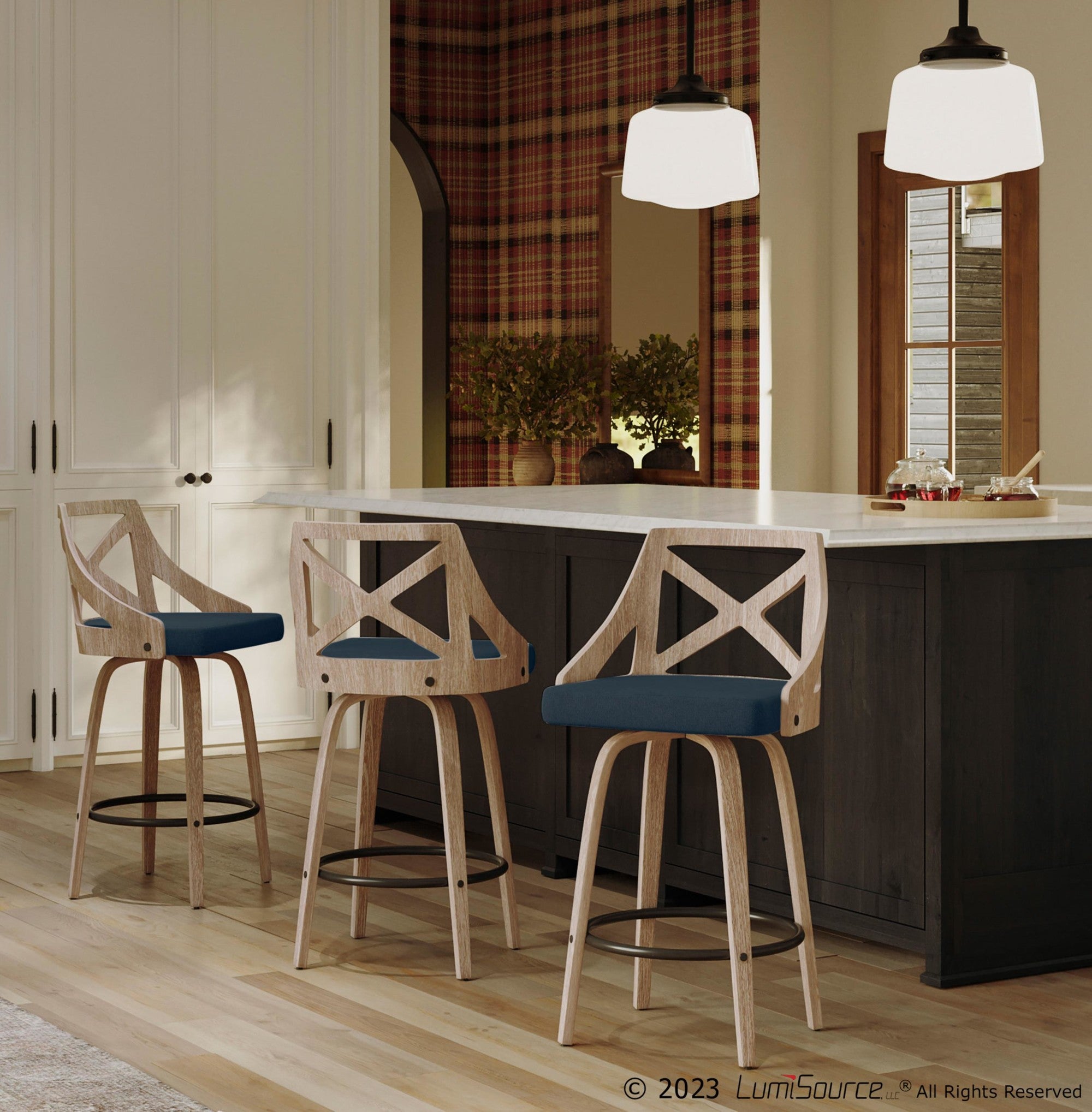 Charlotte 26" Fixed-Height Counter Stool - Set of 2 - Whitewashed Wood, Blue Fabric, Black Metal