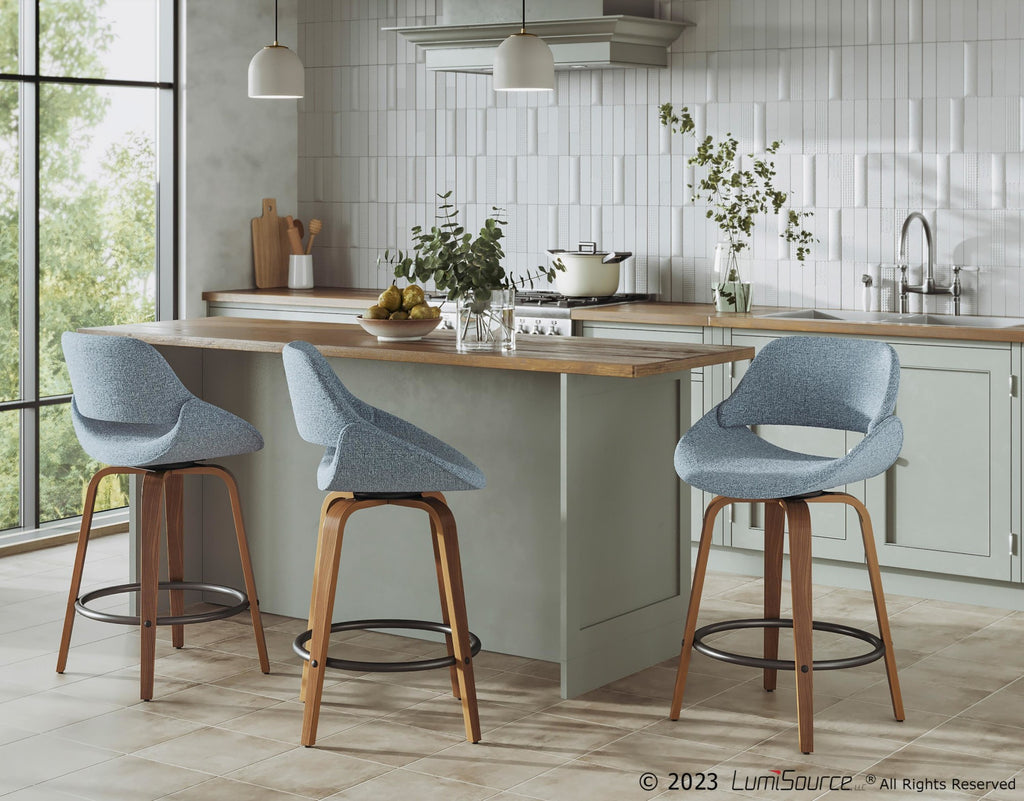 Fabrico 26" Fixed-Height Counter Stool - Set of 3 - Walnut Wood, Blue Noise Fabric, Black Metal