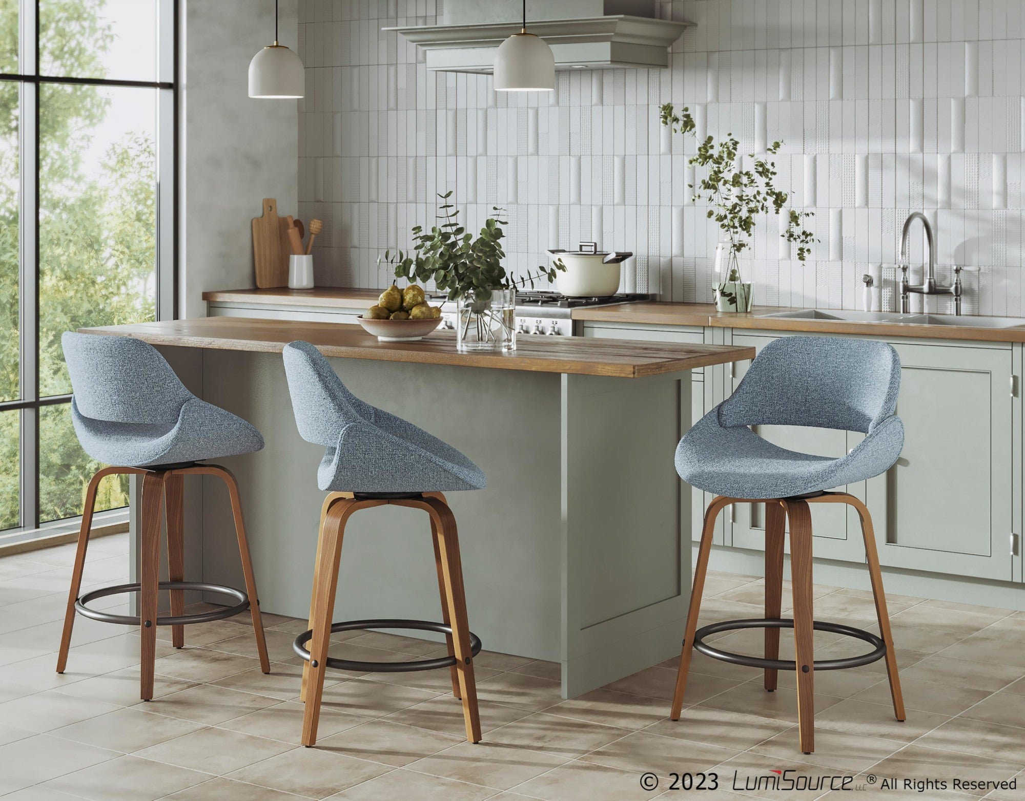 Fabrico 26" Fixed-Height Counter Stool - Walnut Wood, Blue Noise Fabric, Black Metal