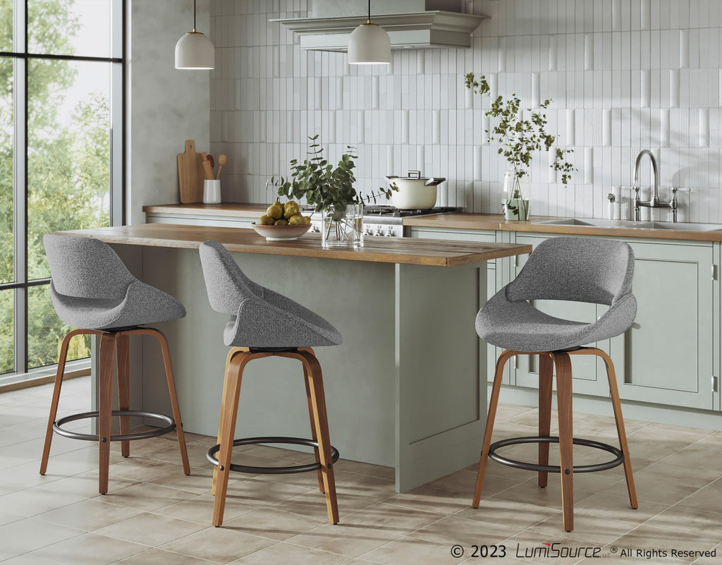 Fabrico 26" Fixed-Height Counter Stool - Set of 3 - Walnut Wood, Grey Noise Fabric, Black Metal