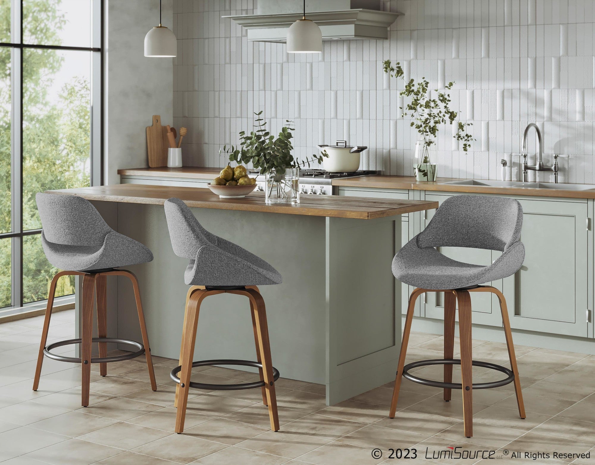 Fabrico 26" Fixed-Height Counter Stool - Set of 3 - Walnut Wood, Grey Noise Fabric, Black Metal