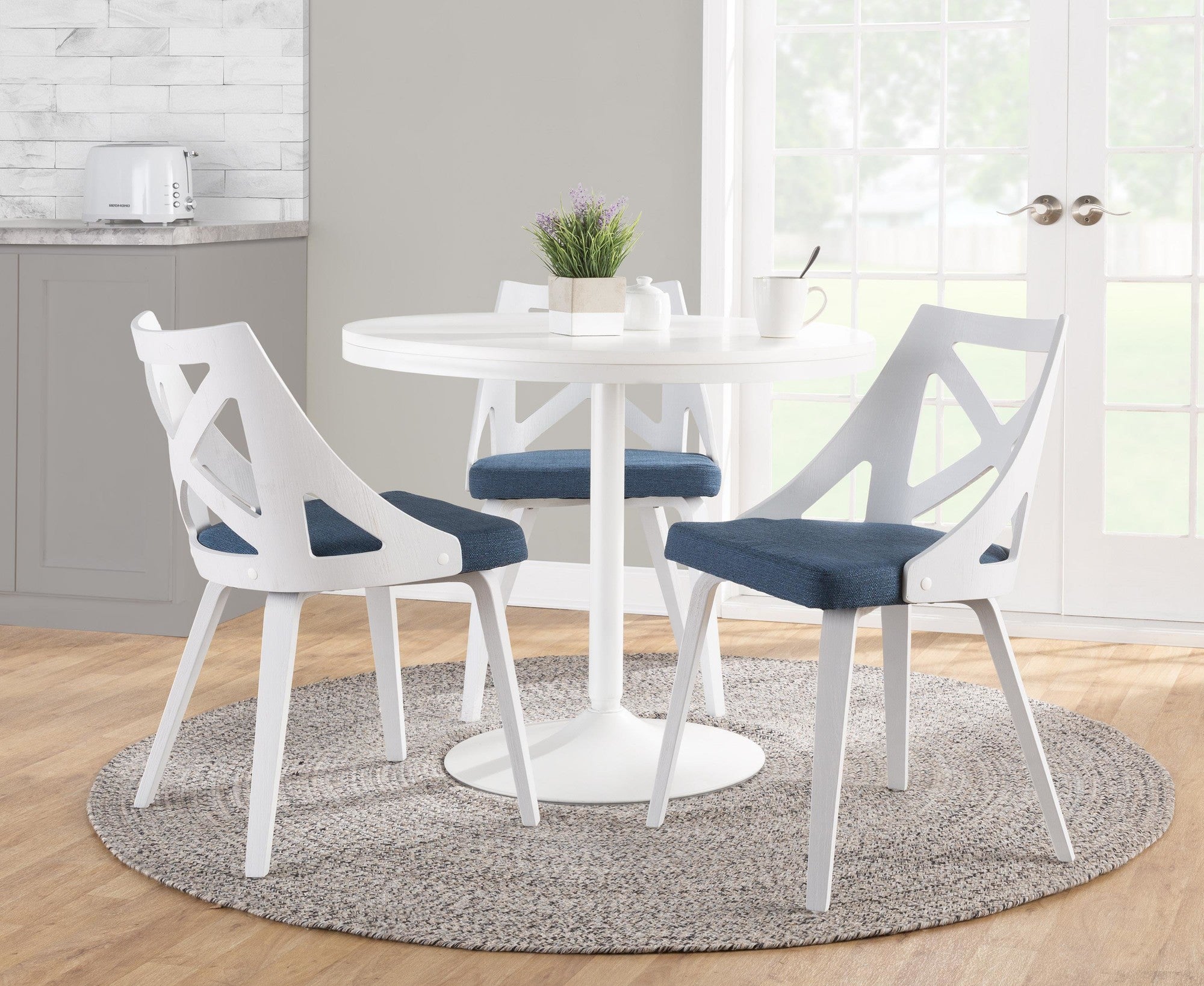 Charlotte Chair - Set of 2 - White Textured Wood, Blue Fabric