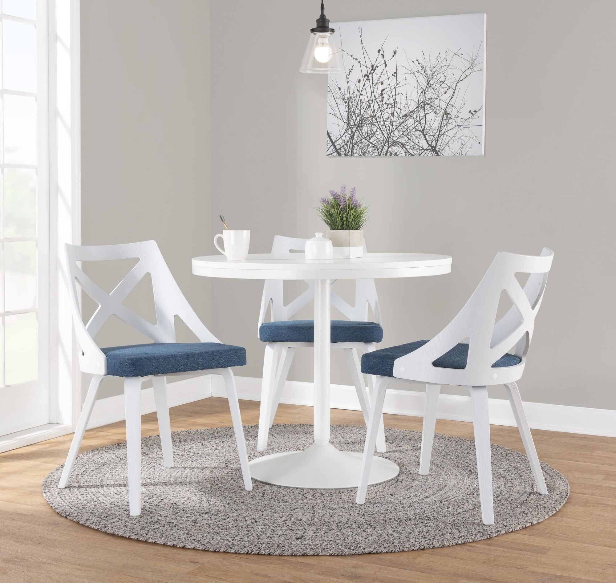 Charlotte Chair - Set of 2 - White Textured Wood, Blue Fabric