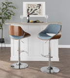 Fabrizzi Adjustable Barstool - Set of 2 - Chrome Metal, Walnut Wood, Blue Fabric