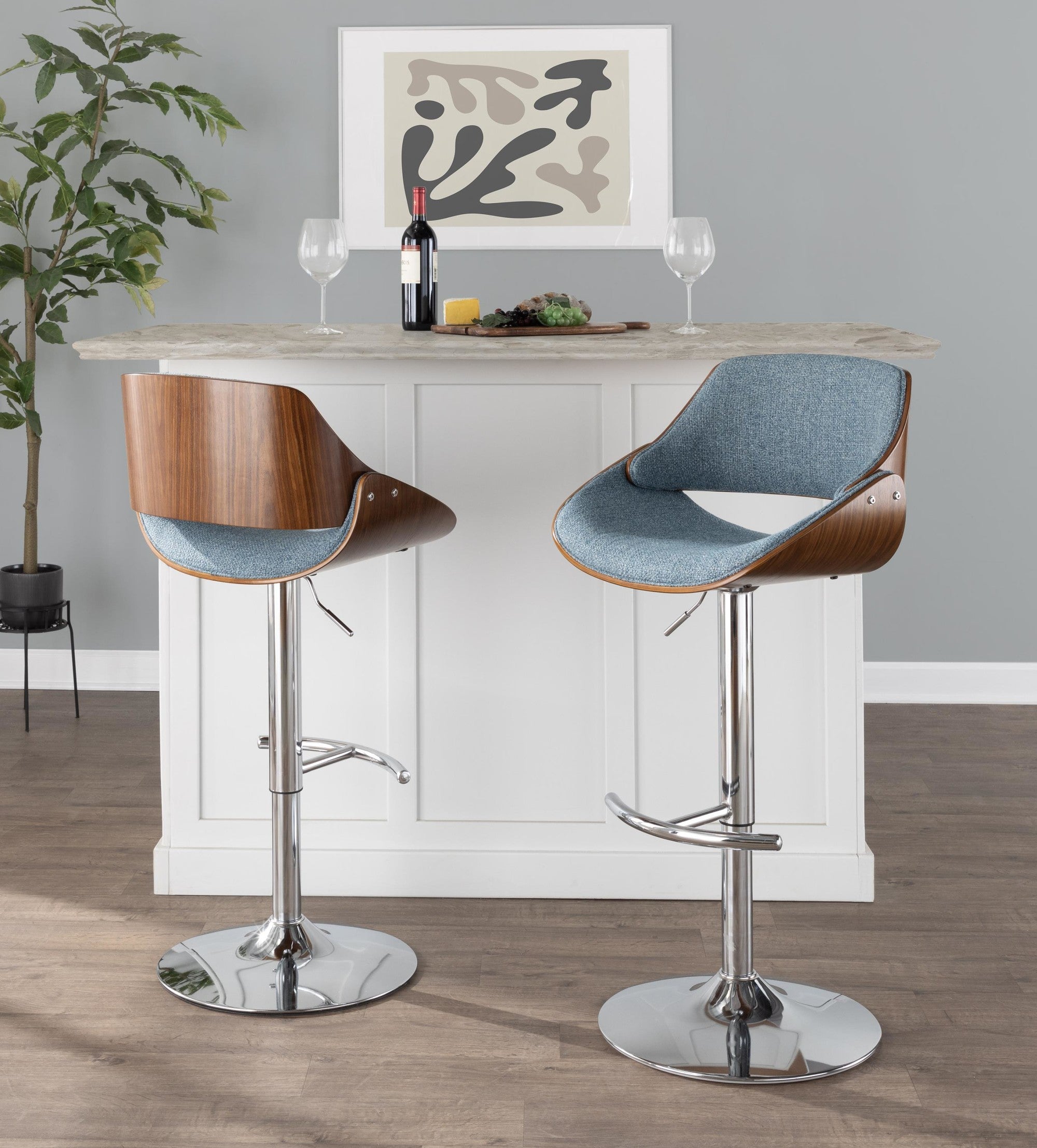 Fabrizzi Adjustable Barstool - Set of 2 - Chrome Metal, Walnut Wood, Blue Fabric