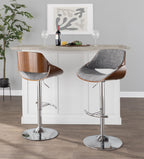 Fabrizzi Adjustable Barstool - Chrome Metal, Walnut Wood, Grey Noise Fabric