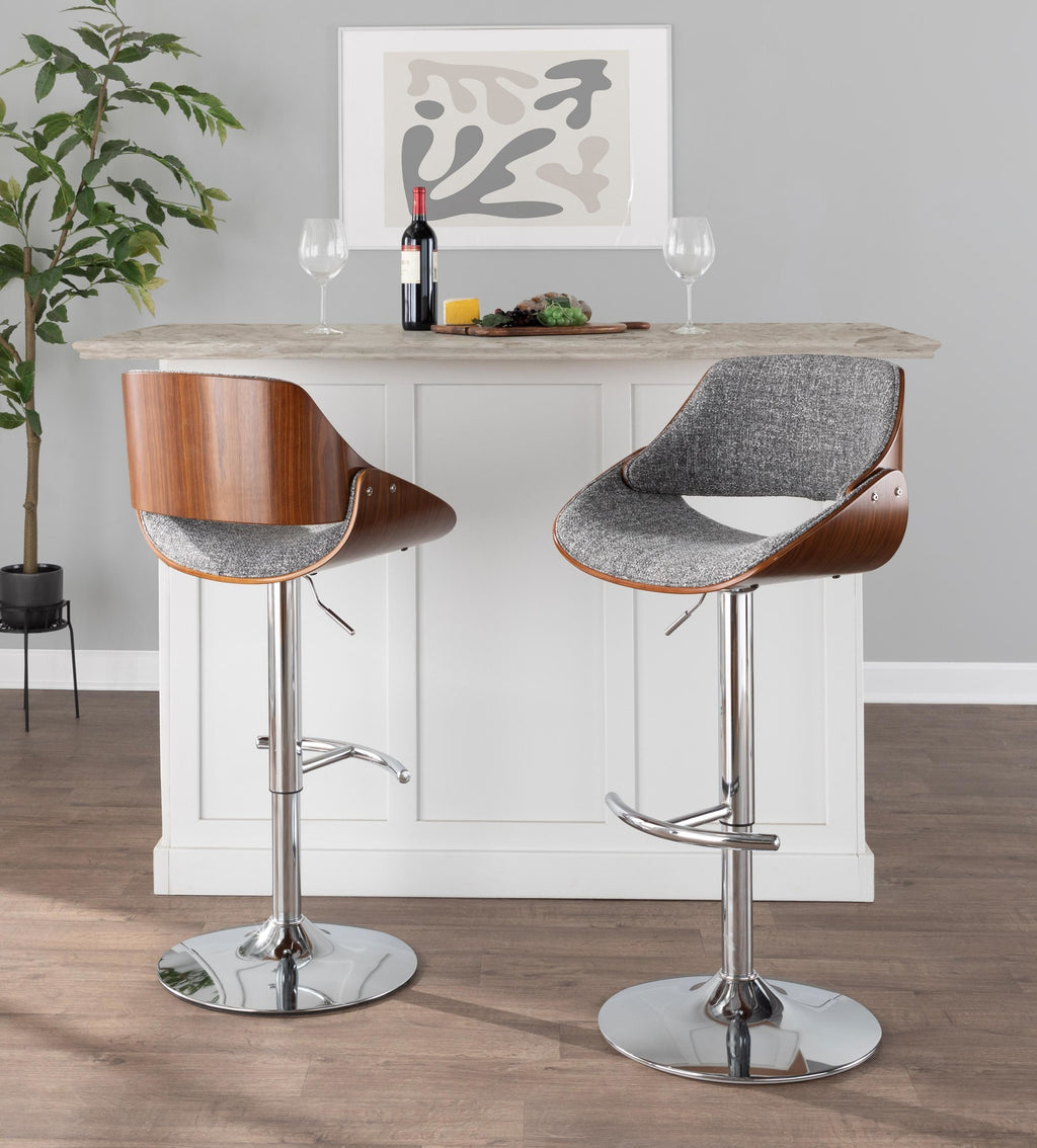 Fabrizzi Adjustable Barstool - Set of 3 - Chrome Metal, Walnut Wood, Grey Noise Fabric