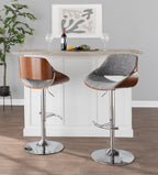 Fabrizzi Adjustable Barstool - Set of 3 - Chrome Metal, Walnut Wood, Grey Noise Fabric