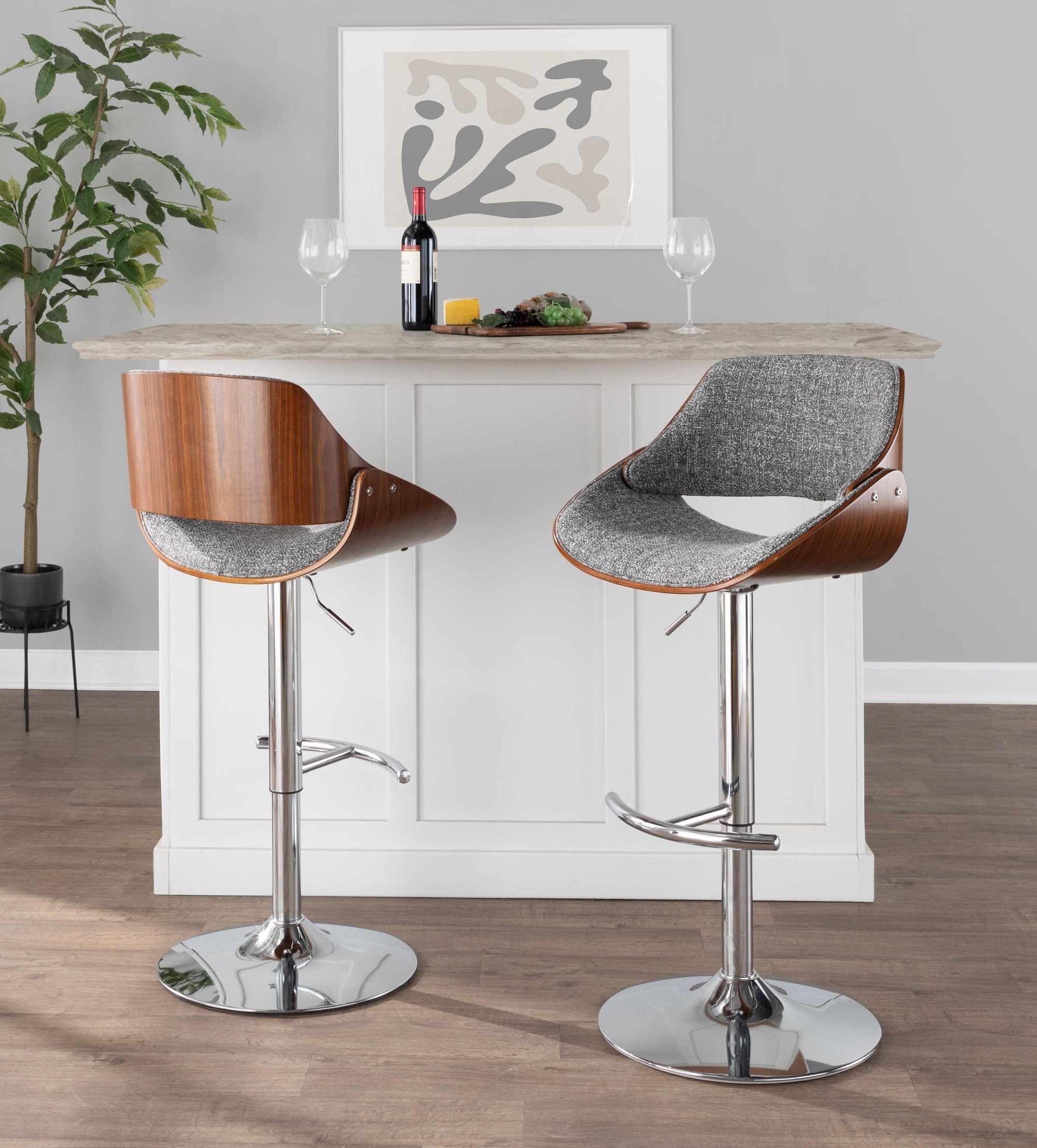 Fabrizzi Adjustable Barstool - Set of 3 - Chrome Metal, Walnut Wood, Grey Noise Fabric