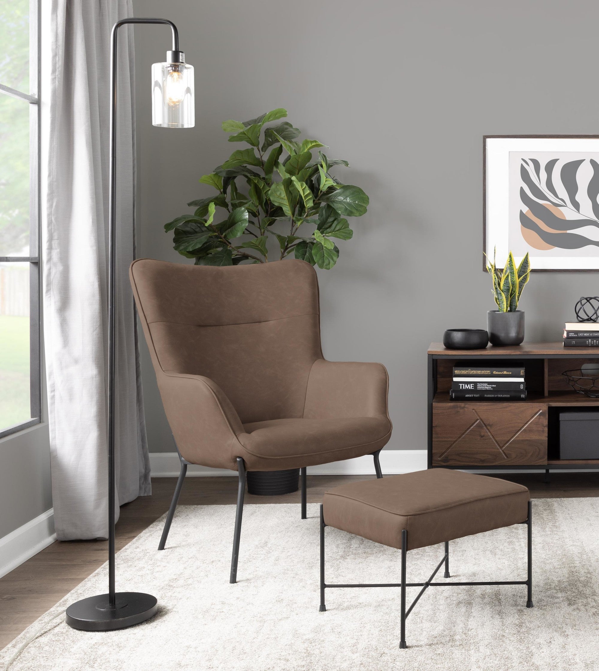 Izzy Lounge Chair + Ottoman Set - Black Metal, Espresso PU