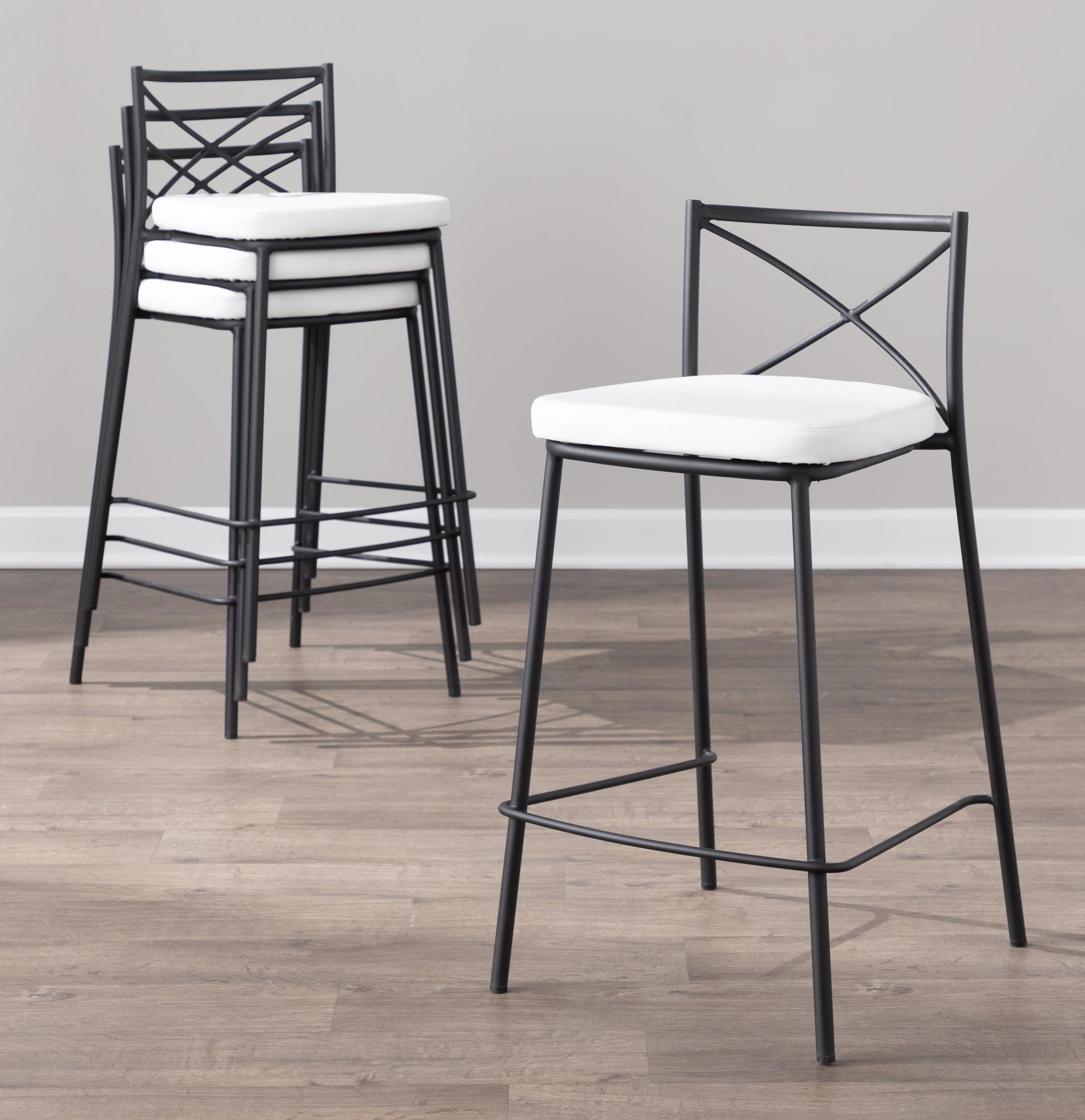 Modern Charlotte 25" Fixed-Height Counter Stool - Set of 2 - Black Metal, White PU