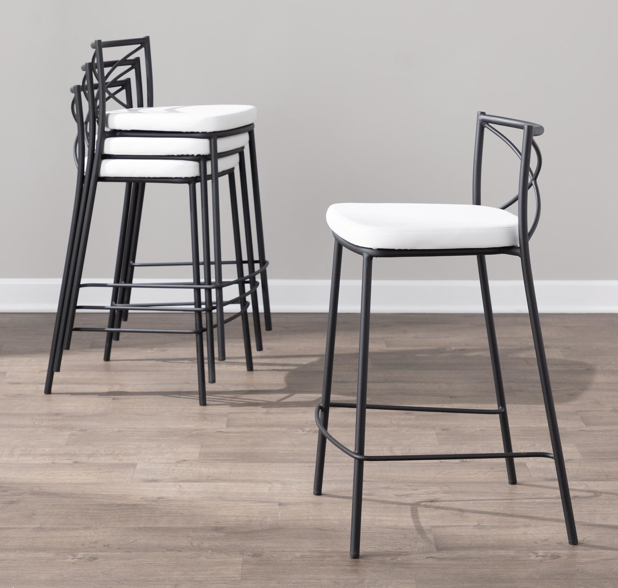 Modern Charlotte 25" Fixed-Height Counter Stool - Set of 2 - Black Metal, White PU