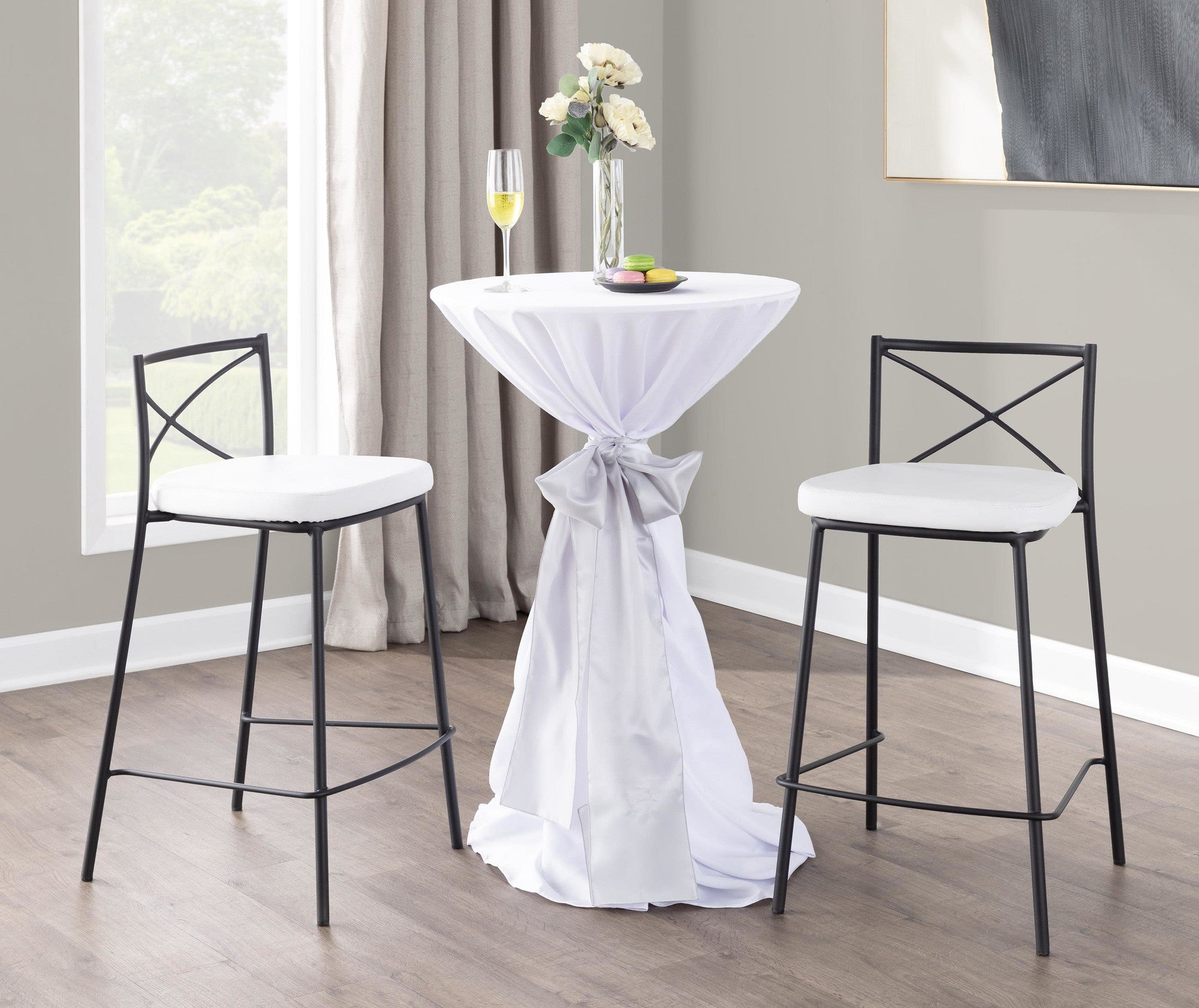 Modern Charlotte 25" Fixed-Height Counter Stool - Set of 2 - Black Metal, White PU