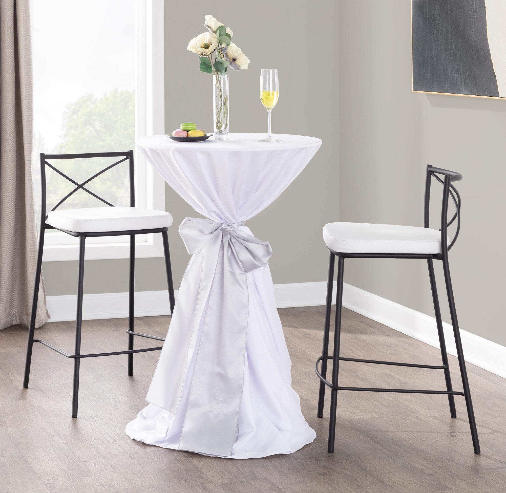 Modern Charlotte 25" Fixed-Height Counter Stool - Set of 2 - Black Metal, White PU
