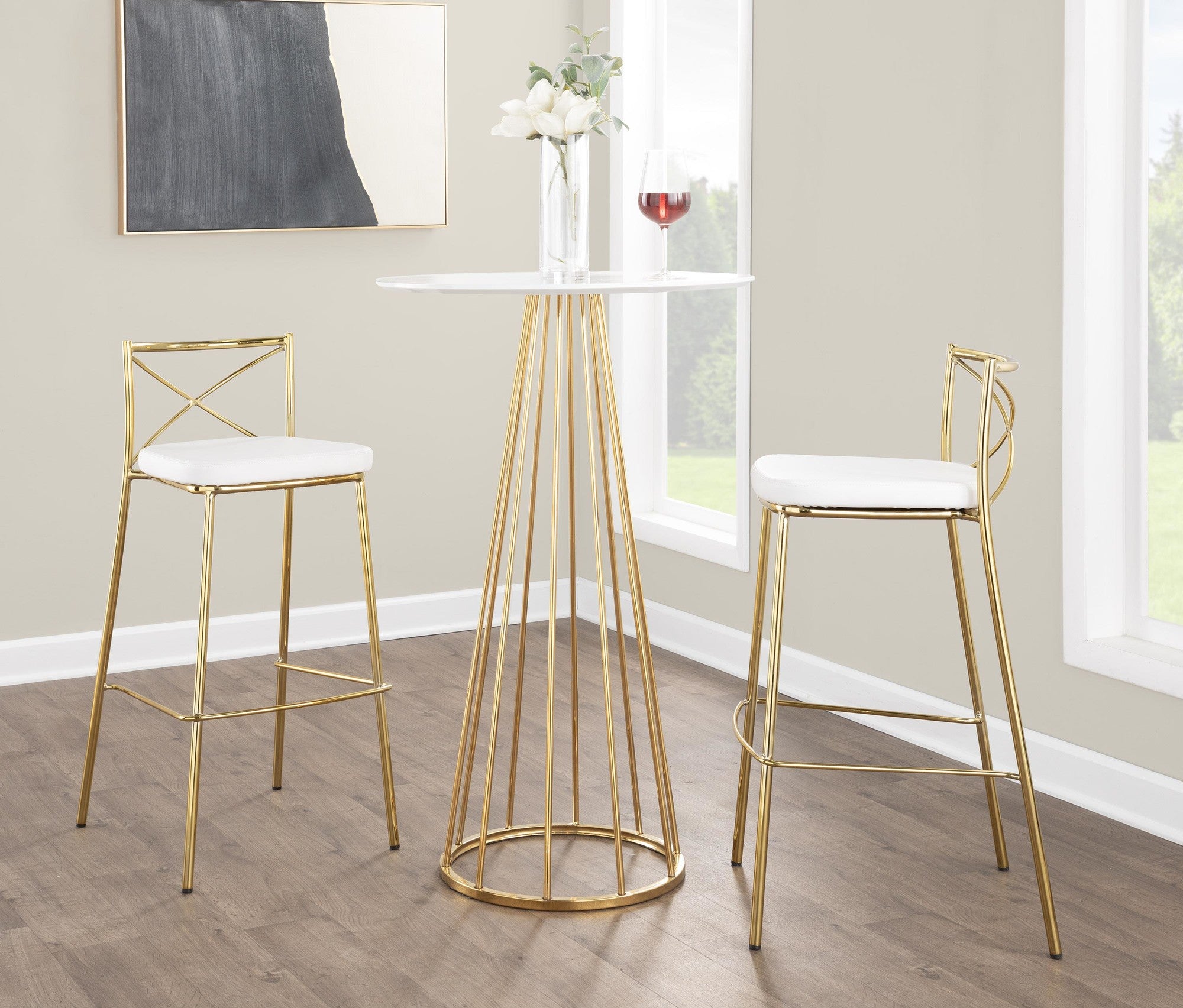 Modern Charlotte 30" Fixed-Height Barstool - Set of 2 - Gold Metal, White PU