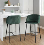 Fran Pleated 26" Fixed-Height Counter Stool - Set of 2 - Black Metal, Green Velvet