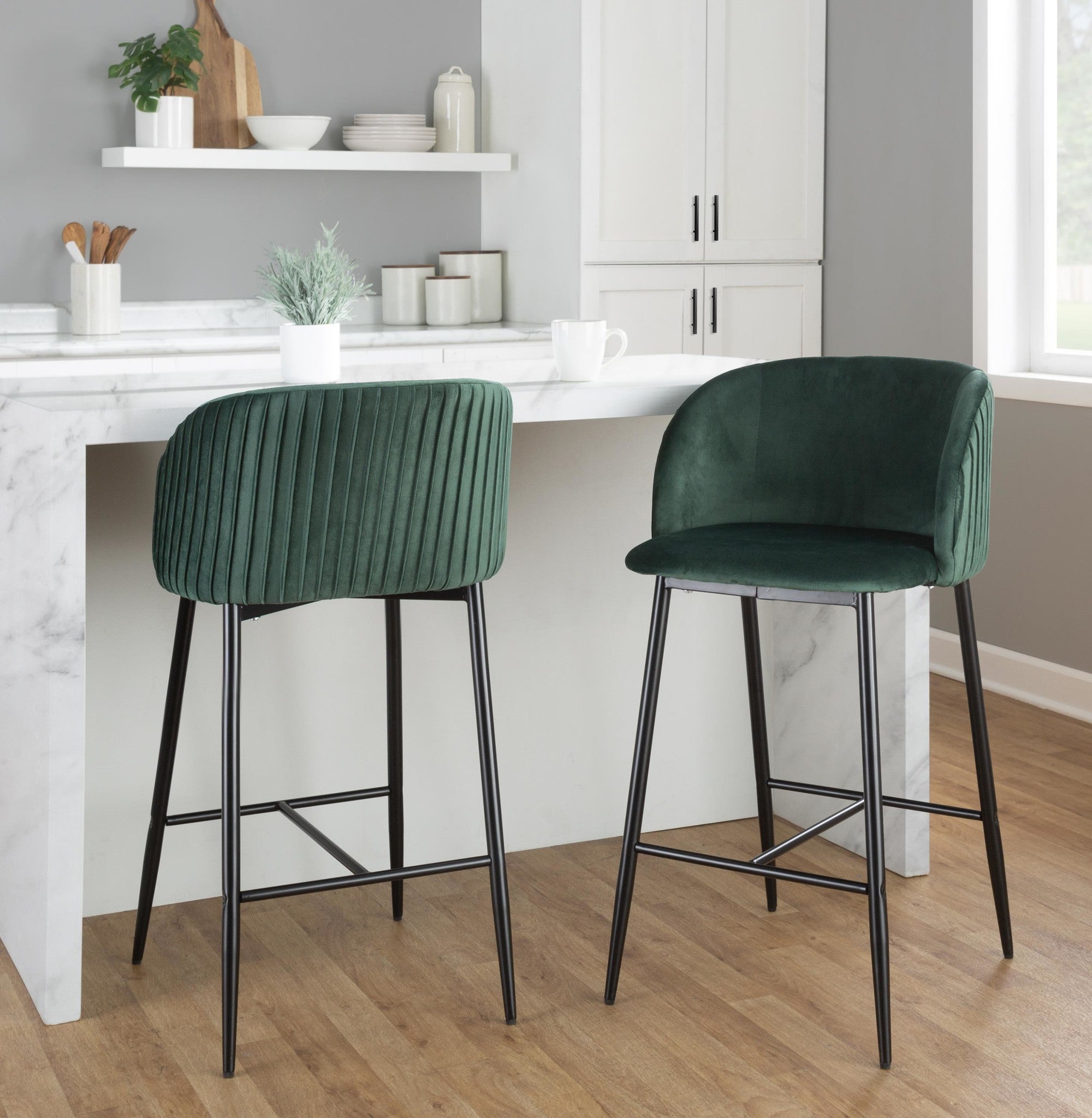 Fran Pleated 26" Fixed-Height Counter Stool - Set of 2 - Black Metal, Green Velvet