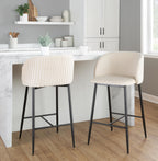 Fran Pleated 26" Fixed-Height Counter Stool - Set of 2 - Black Metal, White Velvet