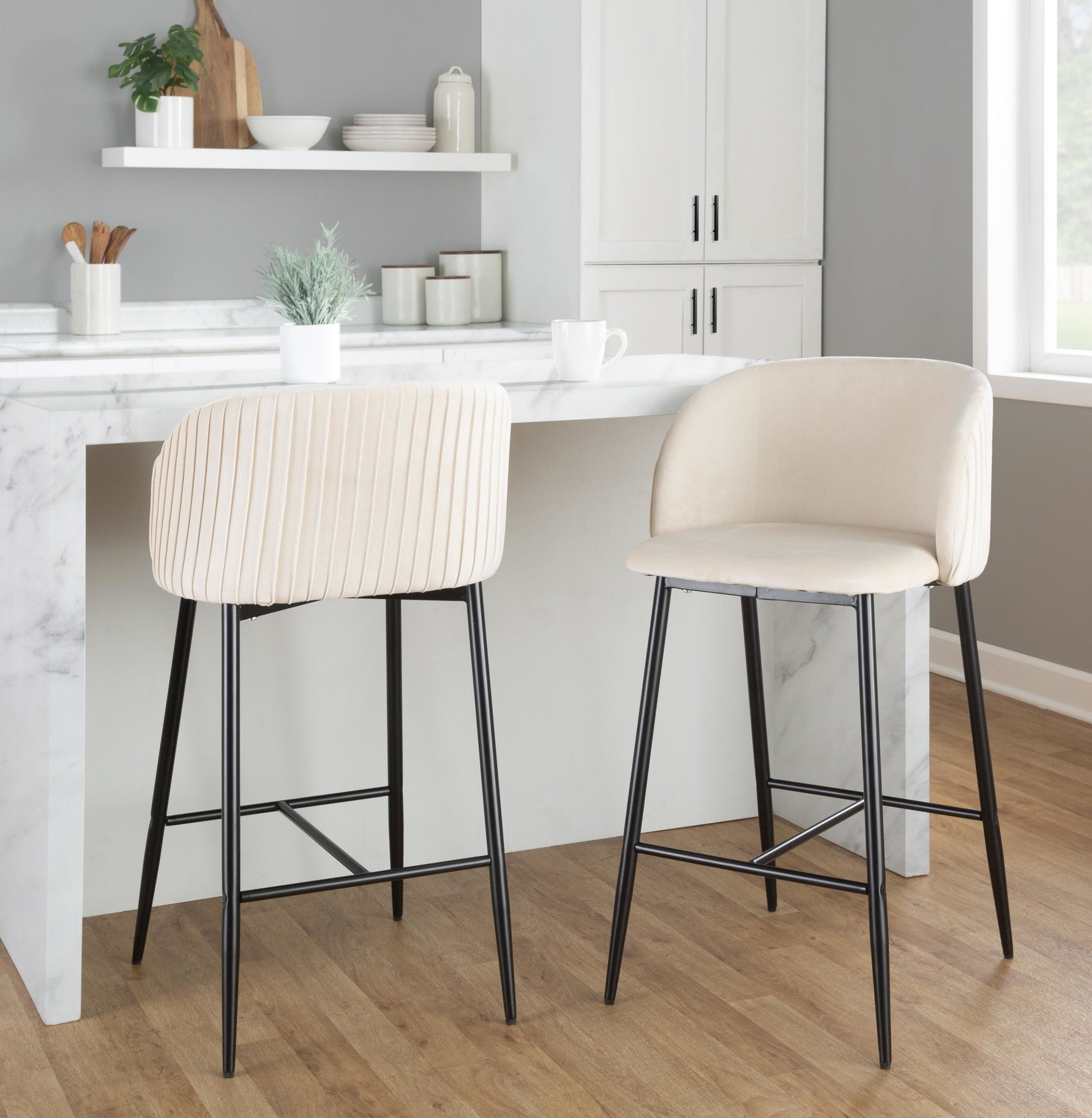 Fran Pleated 26" Fixed-Height Counter Stool - Set of 2 - Black Metal, White Velvet