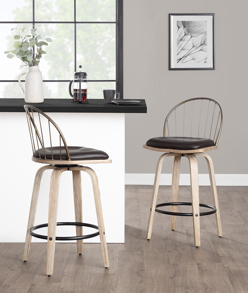 Riley 26" Fixed-Height Counter Stool - Set of 2 - Whitewashed Wood, Black Metal, Antique Copper Metal, Brown PU