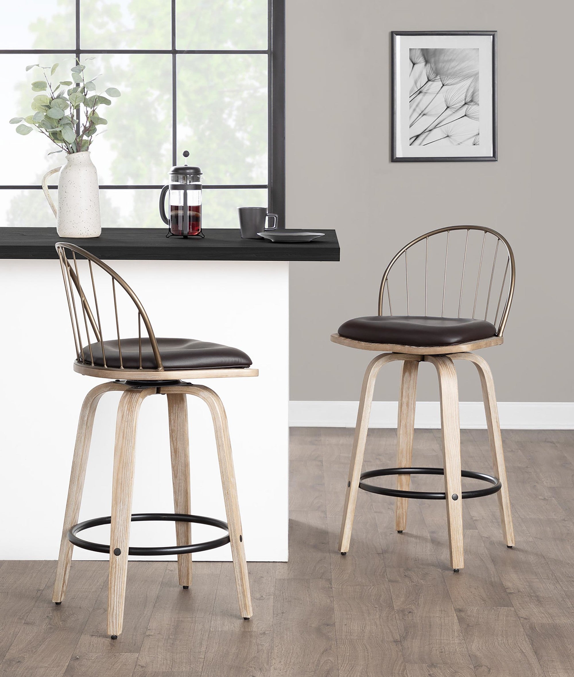 Riley 26" Fixed-Height Counter Stool - Set of 2 - Whitewashed Wood, Black Metal, Antique Copper Metal, Brown PU