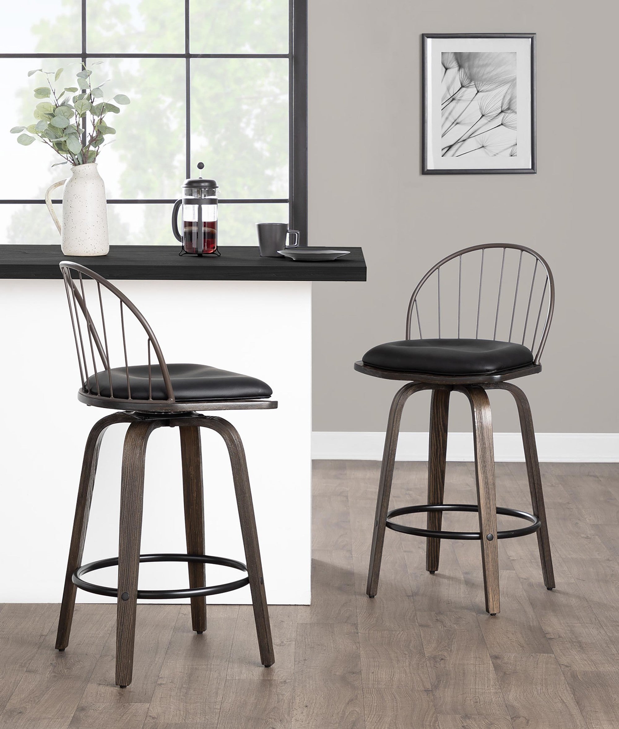 Riley 26" Fixed-Height Counter Stool - Set of 2 - Walnut Glazed Wood, Bronze Metal, Dark Walnut Wood, Brown PU, Black Metal