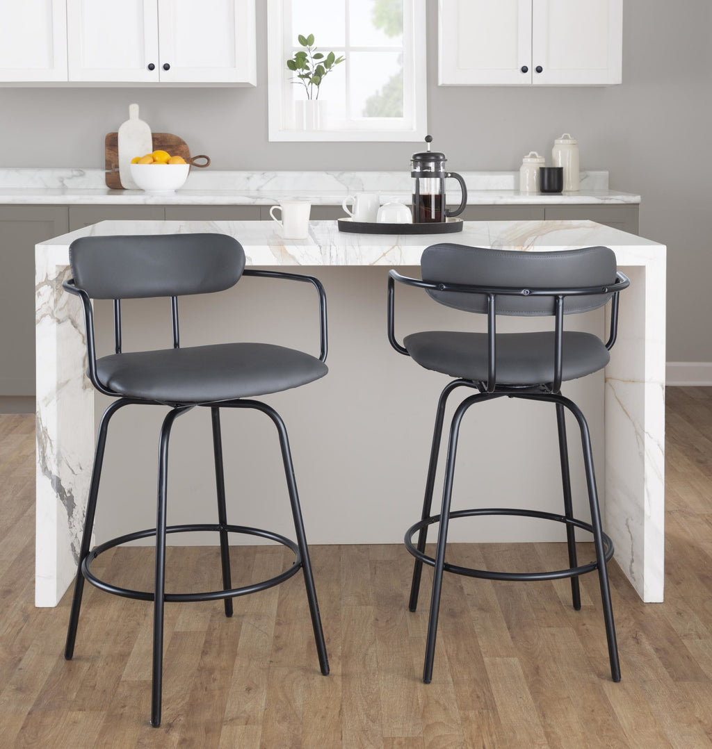 Demi 26" Fixed-Height Counter Stool - Set of 2 - Black Metal , Grey PU