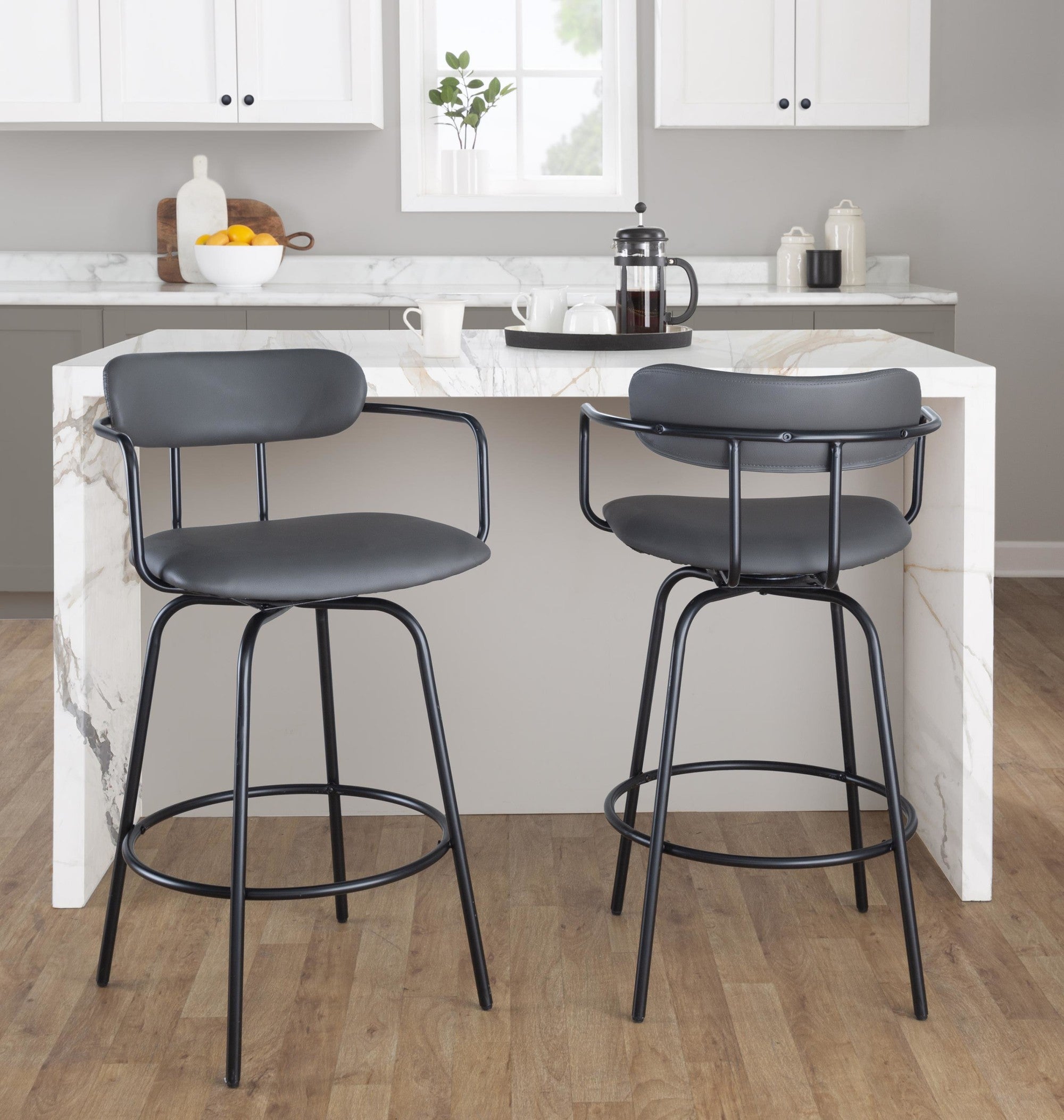 Demi 26" Fixed-Height Counter Stool - Set of 2 - Black Metal , Grey PU