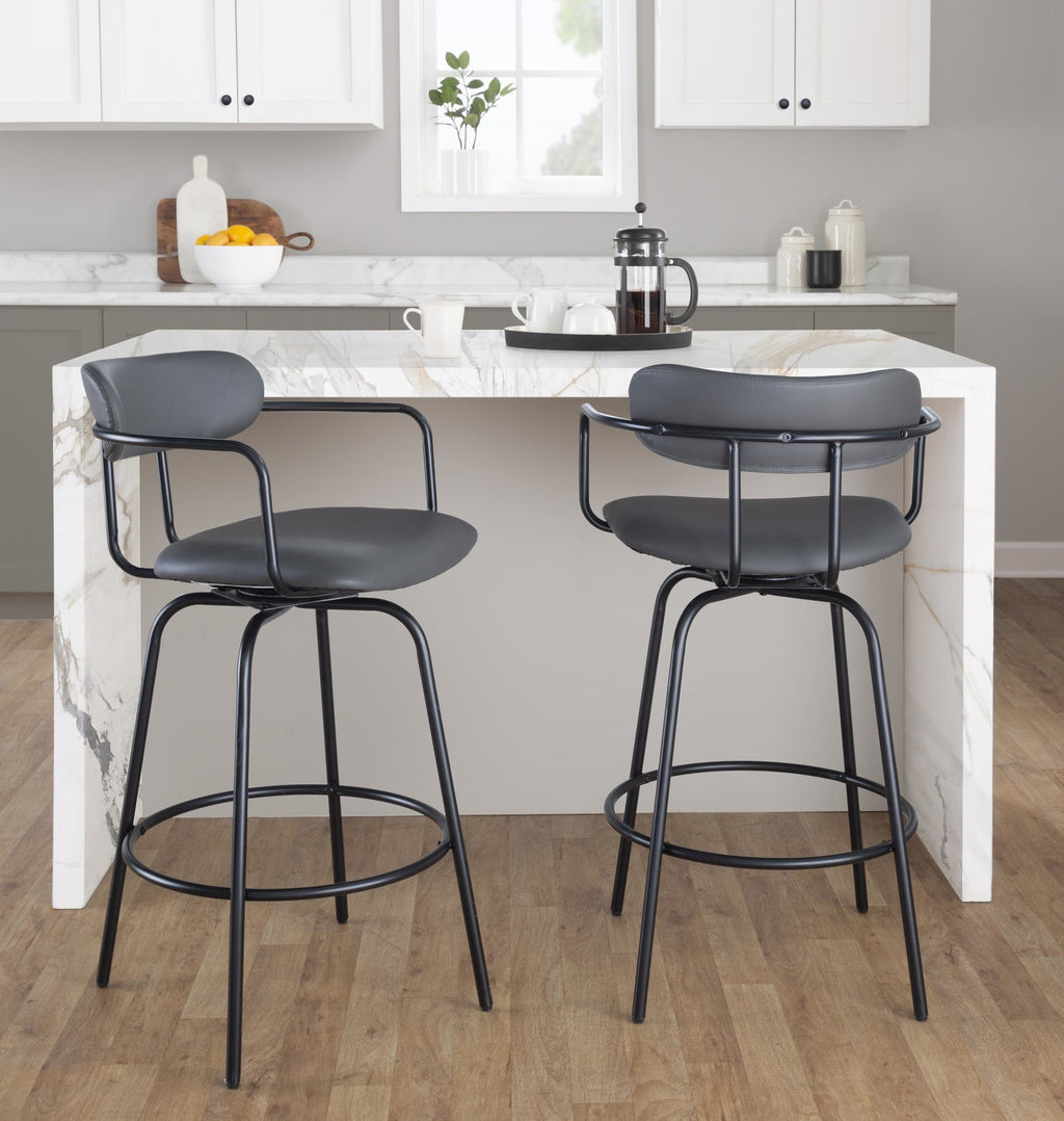 Demi 26" Fixed-Height Counter Stool - Set of 2 - Black Metal , Grey PU