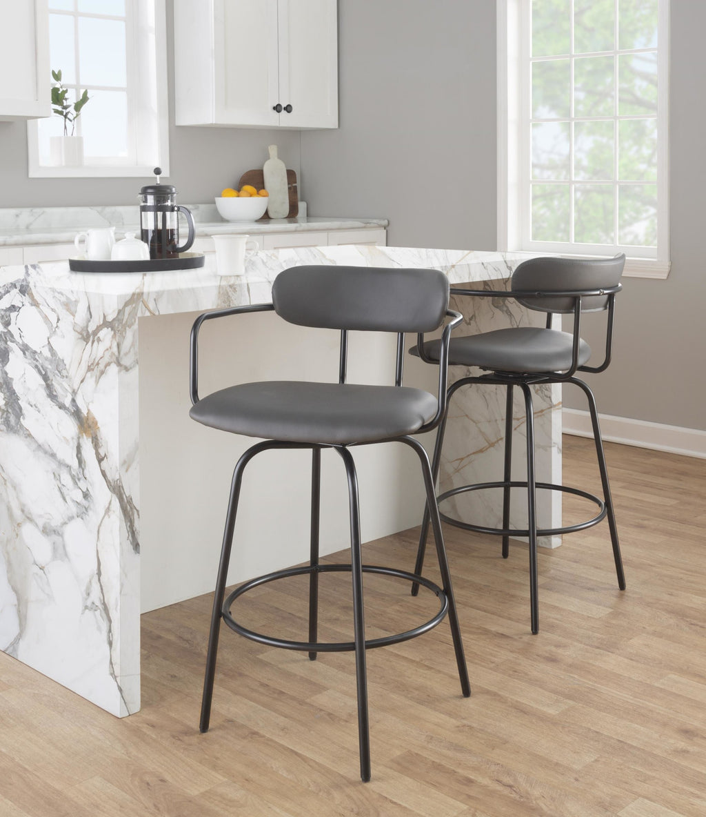 Demi 26" Fixed-Height Counter Stool - Set of 2 - Black Metal , Grey PU