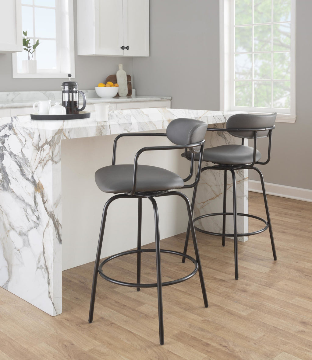Demi 26" Fixed-Height Counter Stool - Set of 2 - Black Metal , Grey PU