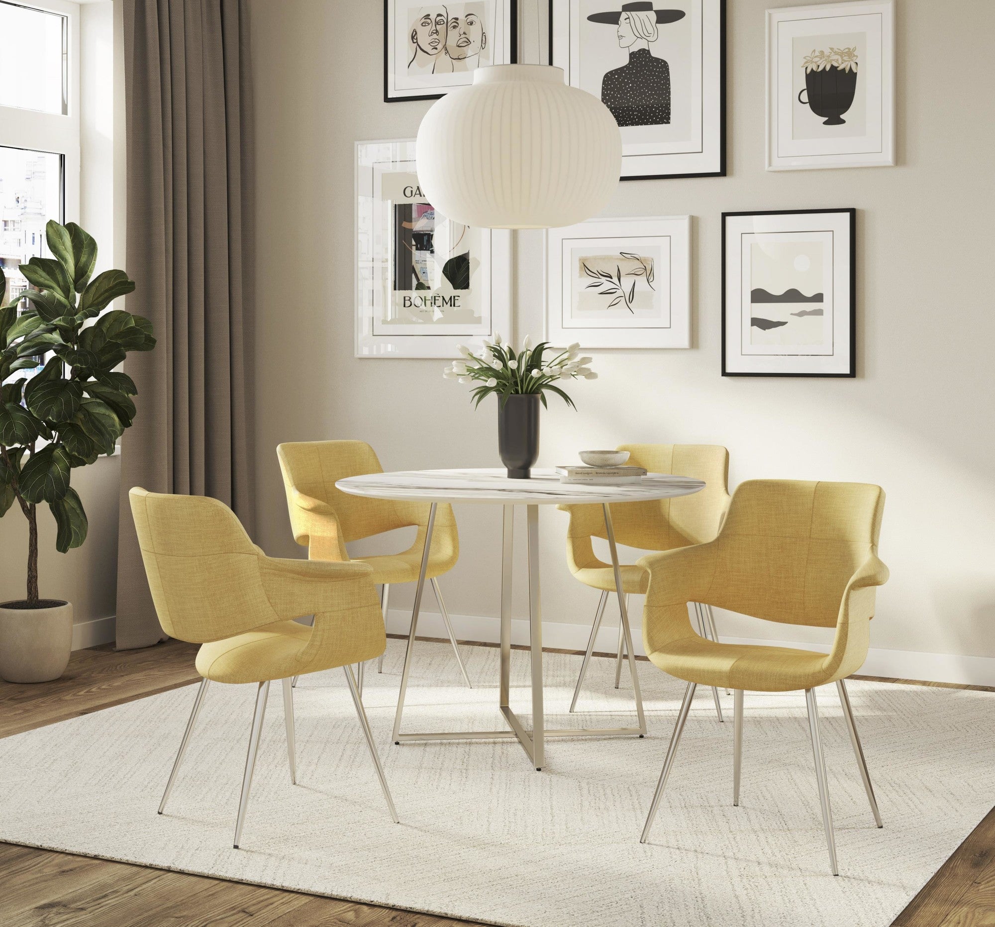 Vintage Flair Chair - Set of 2 - Chrome Metal, Yellow Fabric