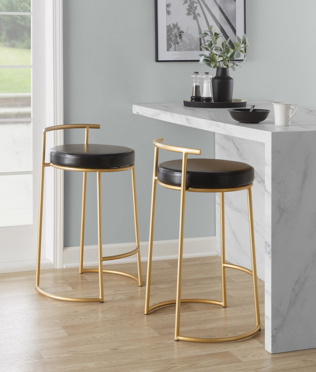 Round Fuji 26" Fixed-Height Counter Stool - Set of 2 - Gold Metal, Black PU