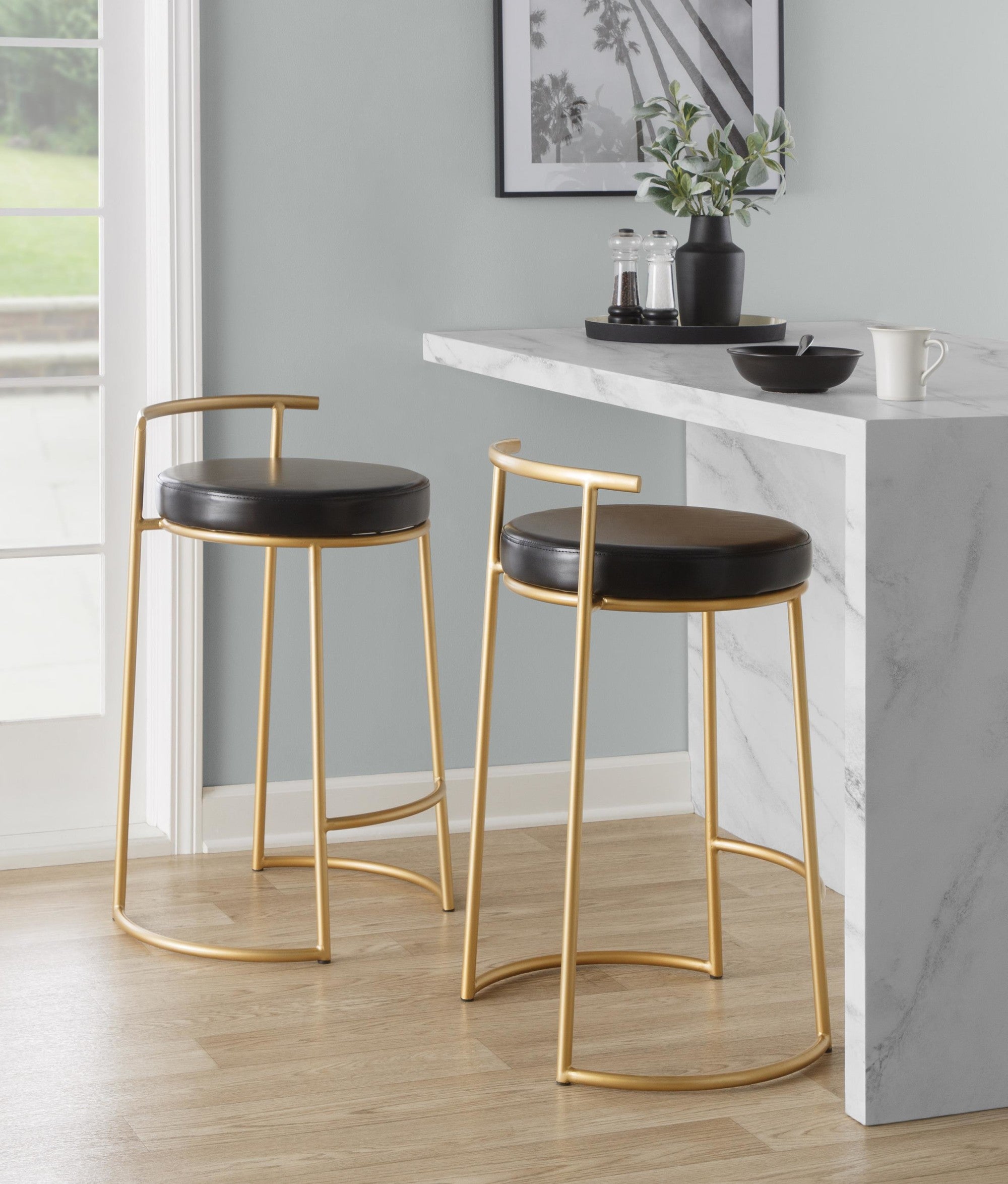 Round Fuji 26" Fixed-Height Counter Stool - Set of 2 - Gold Metal, Black PU