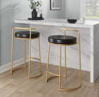 Round Fuji 26" Fixed-Height Counter Stool - Set of 2 - Gold Metal, Black PU