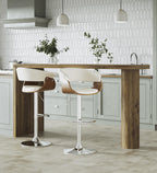 Vintage Mod Adjustable Barstool - Set of 2 - Chrome Metal, Walnut Wood, Cream Fabric