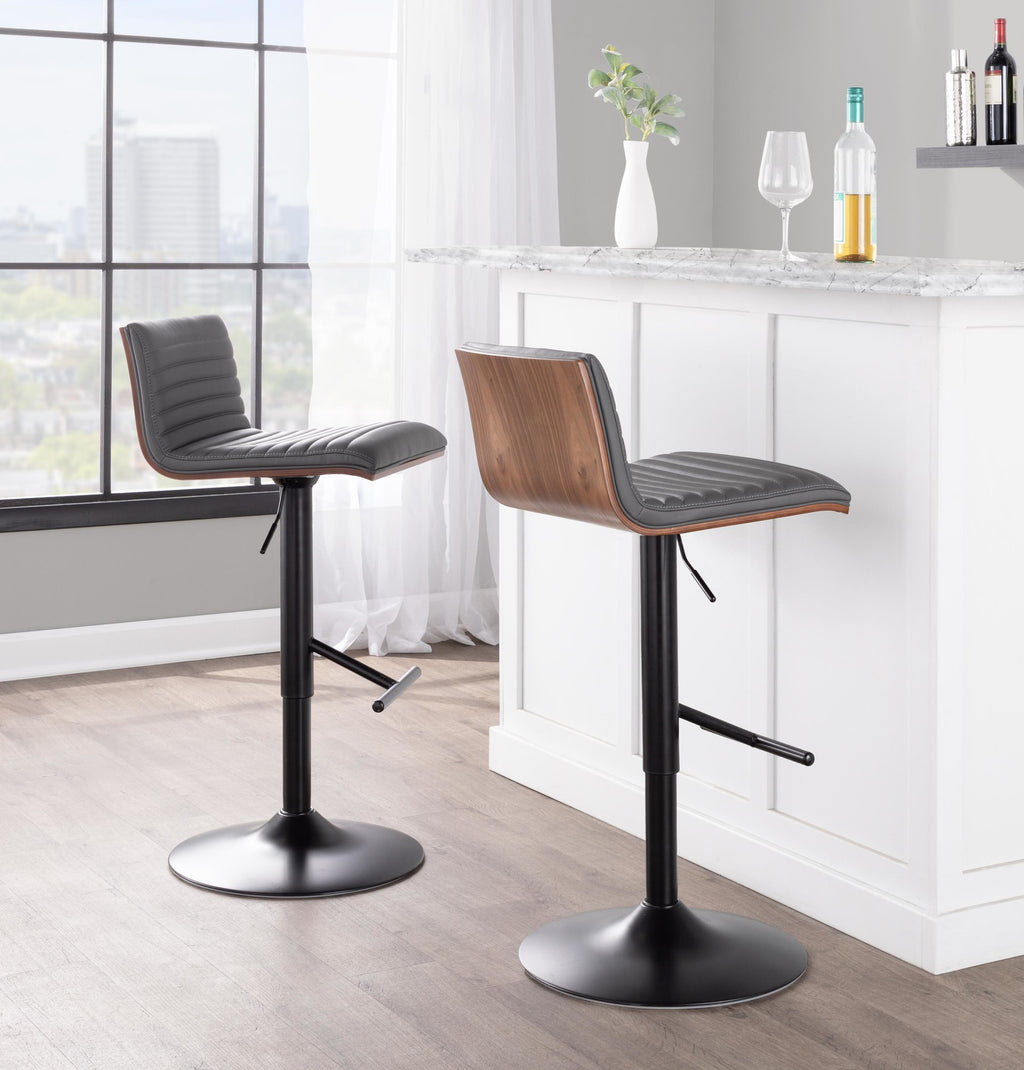 Mason Adjustable Barstool - Set of 2 - Black Metal, Walnut Wood, Grey PU