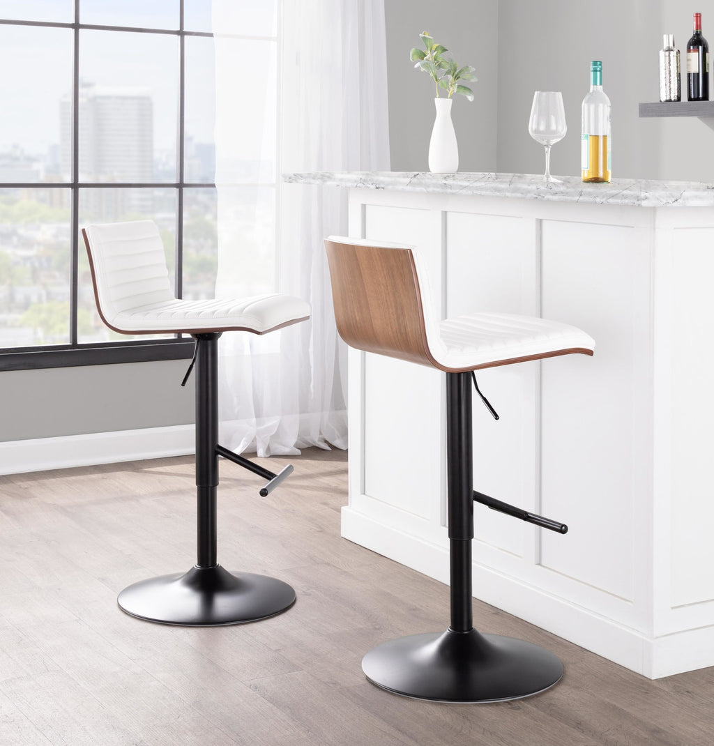 Mason Adjustable Barstool - Set of 2 - Black Metal, Walnut Wood, White PU