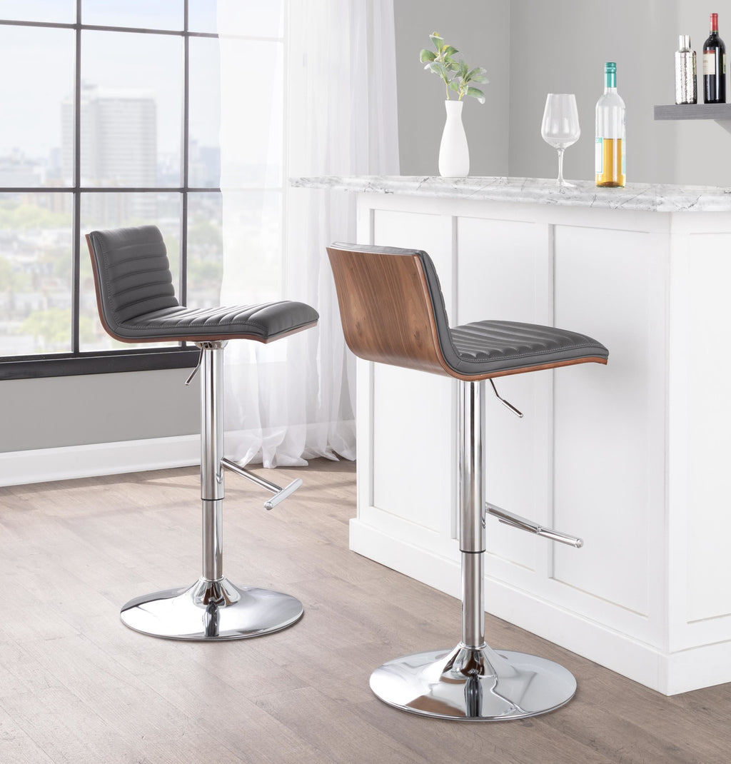 Mason Adjustable Barstool - Set of 2 - Chrome Metal, Walnut Wood, Grey PU