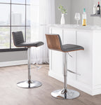 Mason Adjustable Barstool - Set of 2 - Chrome Metal, Walnut Wood, Grey PU