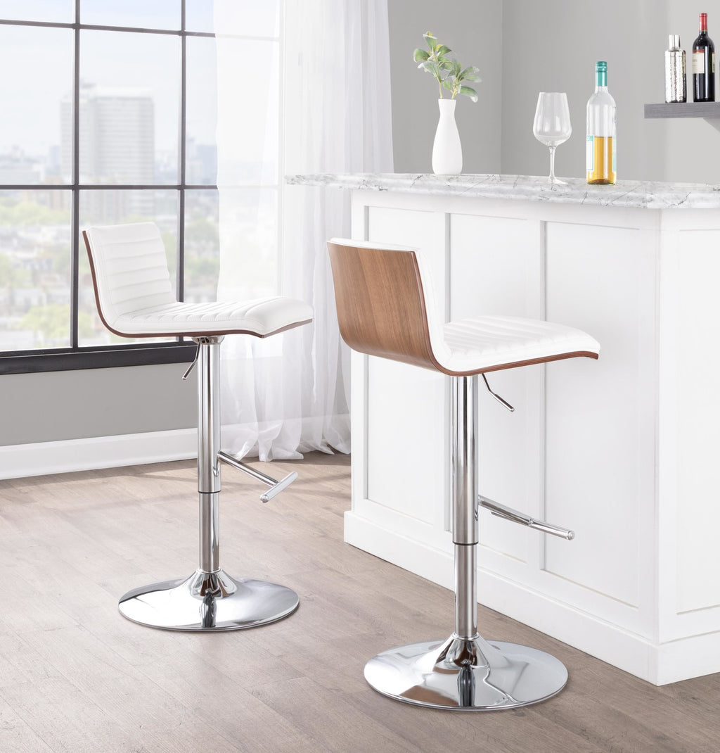 Mason Adjustable Barstool - Set of 2 - Chrome Metal, Walnut Wood, White PU