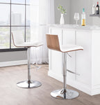 Mason Adjustable Barstool - Set of 2 - Chrome Metal, Walnut Wood, White PU