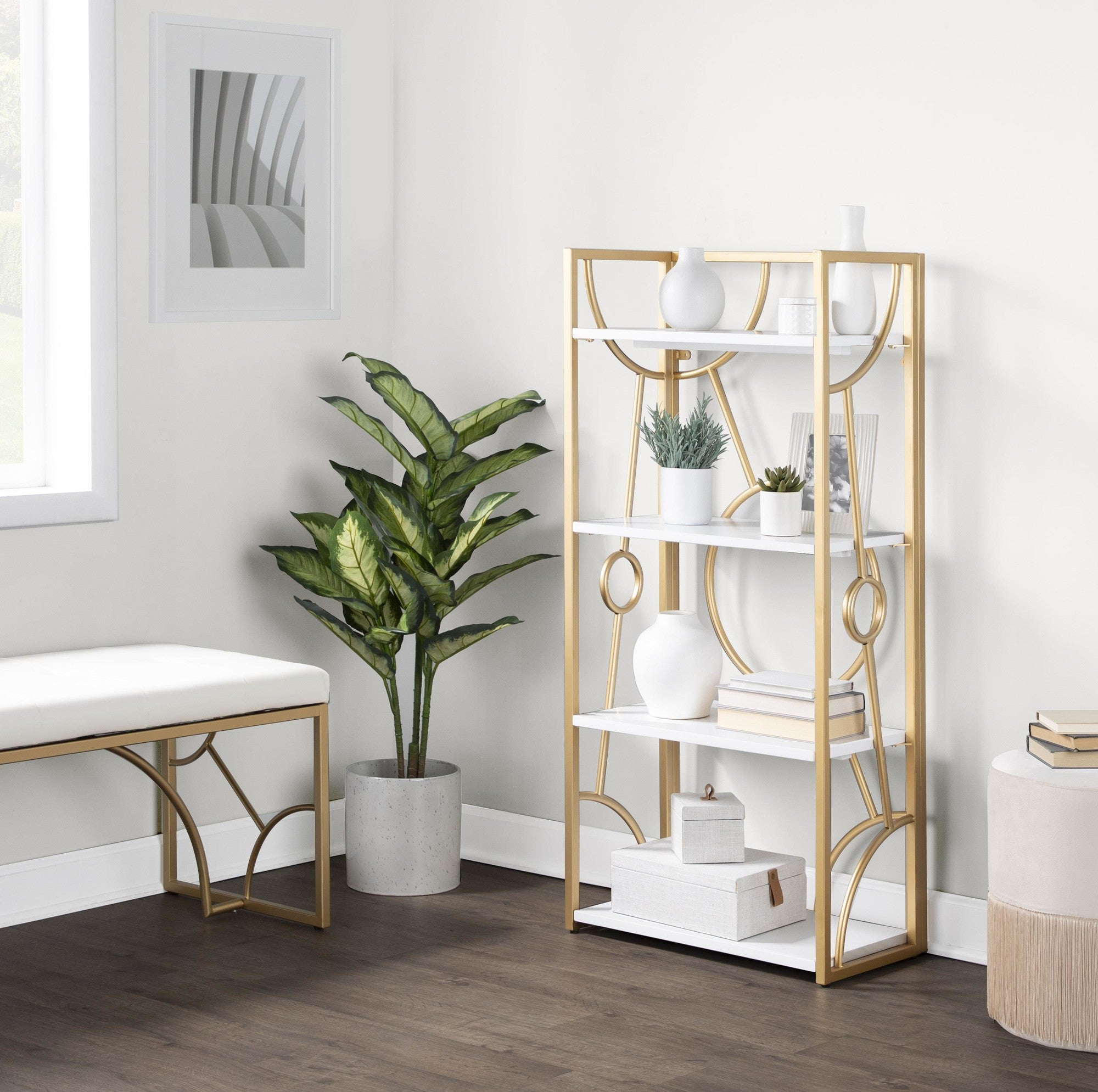 Constellation Bookcase - Gold Metal, White MDF
