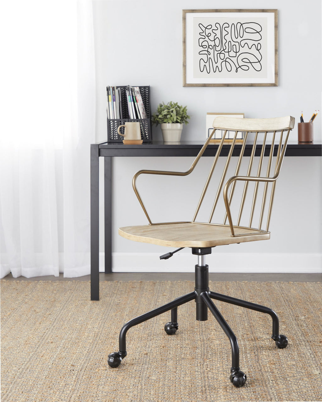 Preston Adjustable Office Chair - Black Metal, Antique Copper, Whitewashed Wood
