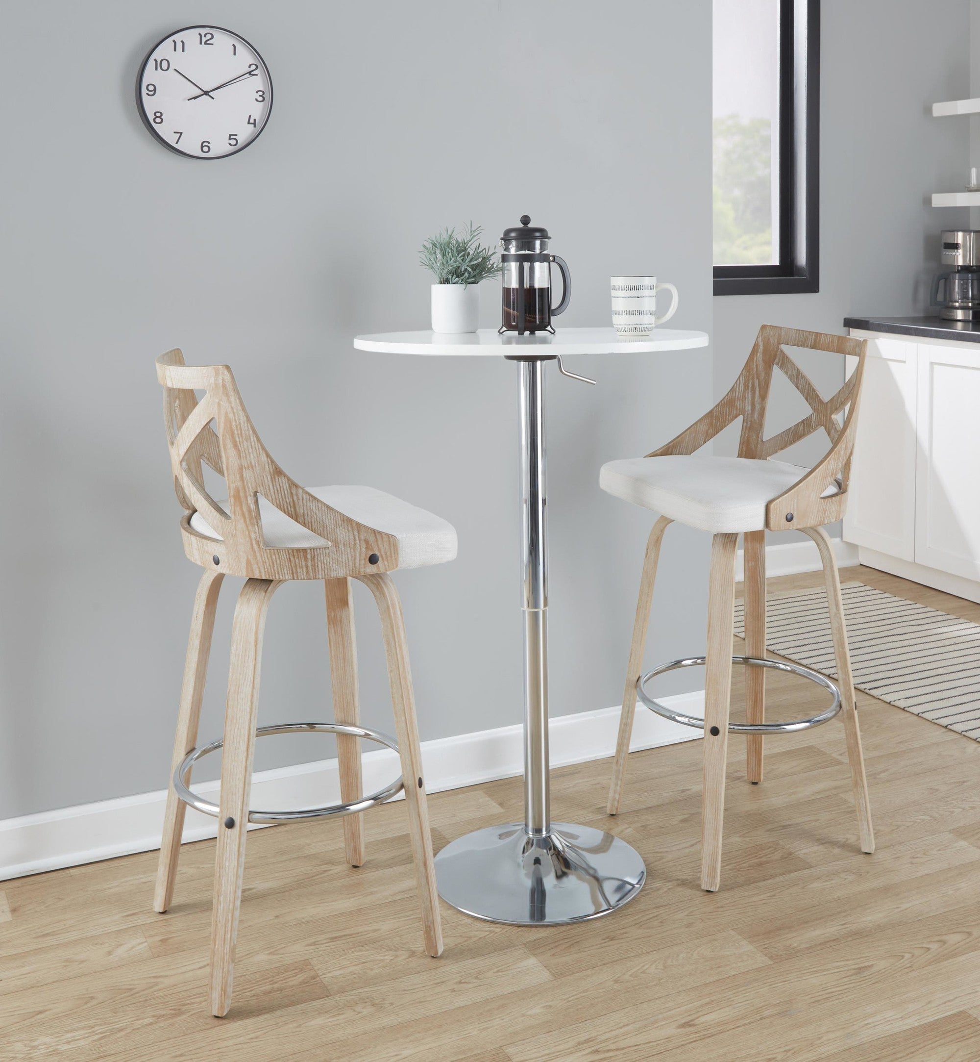 Charlotte 30" Fixed-Height Barstool - Set of 2 - Whitewashed Wood, Chrome Metal, Cream Fabric