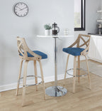 Charlotte 30" Fixed-Height Barstool - Set of 2 - Whitewashed Wood, Chrome Metal, Blue Fabric